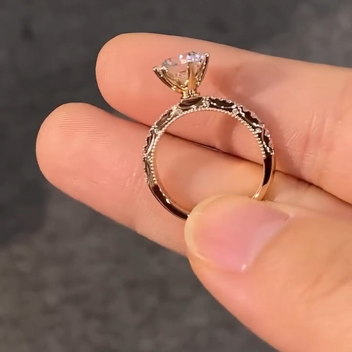 Unique Design Round Cut Golden Tone Engagament Ring