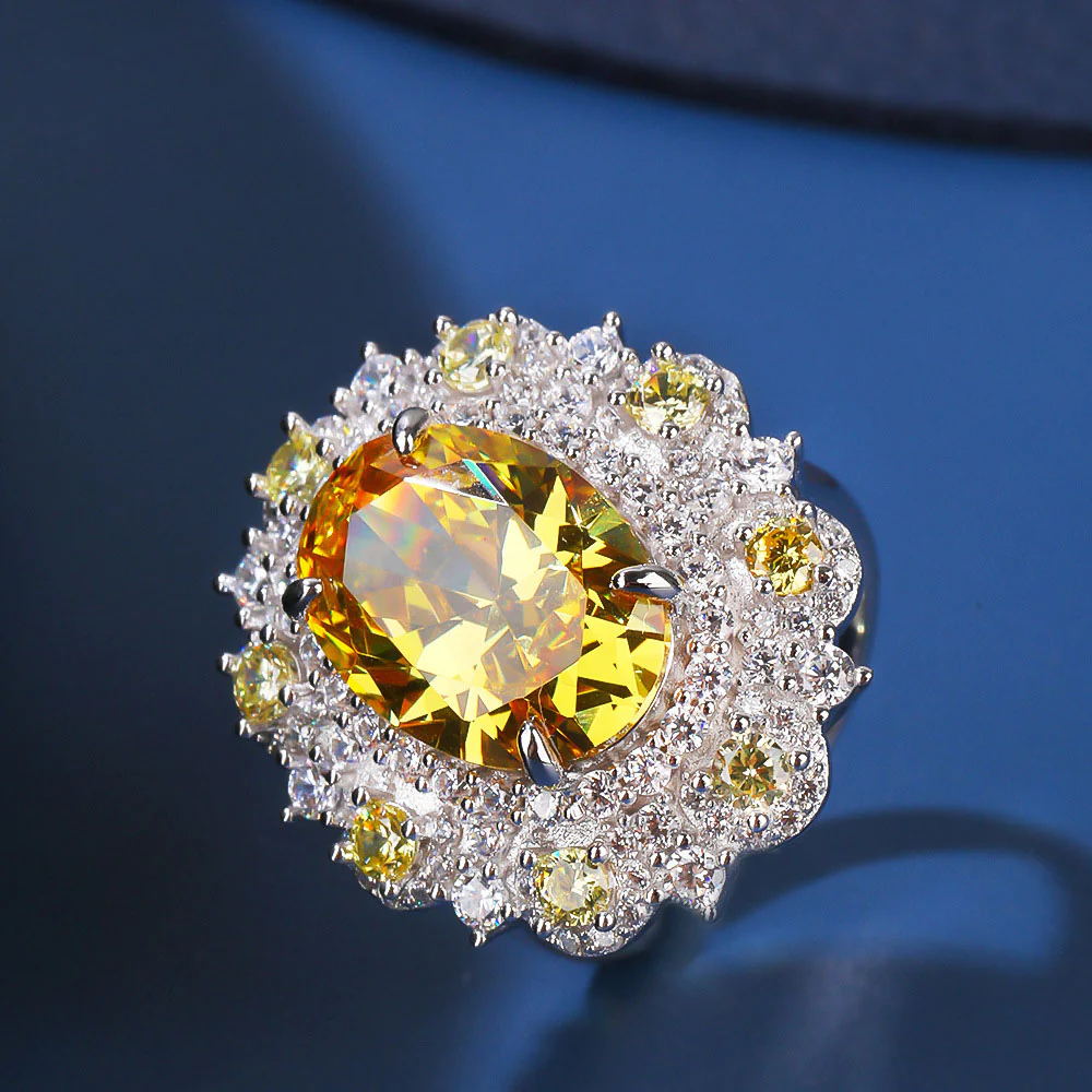 Gorgeous Yellow Oval Cut Cluster Sterling Silver Engagement Ring
