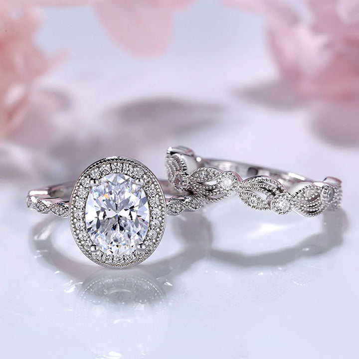 Unique Design Leaf & Vine Halo Oval Cut Bridal Set