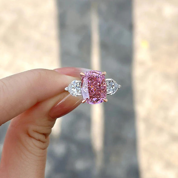Stunning Three Stone Fancy Pink Engagement Ring in Sterling Silver