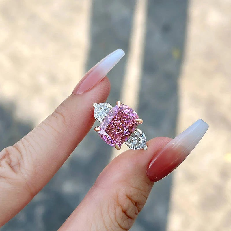 Stunning Three Stone Fancy Pink Engagement Ring in Sterling Silver