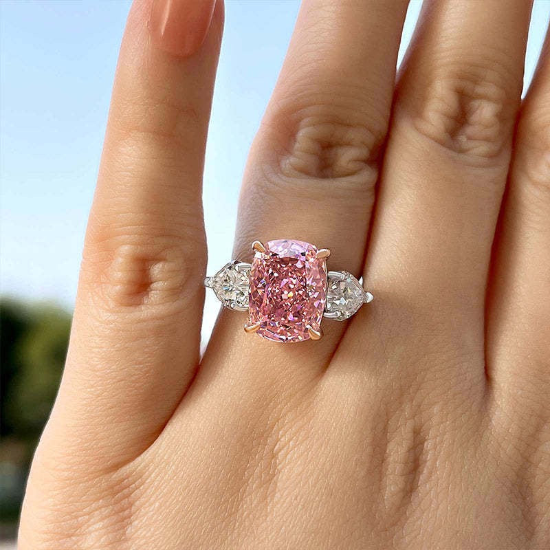 Stunning Three Stone Fancy Pink Engagement Ring in Sterling Silver