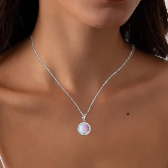 Vintage Halo Opal Sterling Silver Pendant Necklace