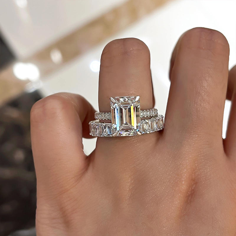 Gorgeous Emerald Cut Wedding Bridal Set In Sterling Silver