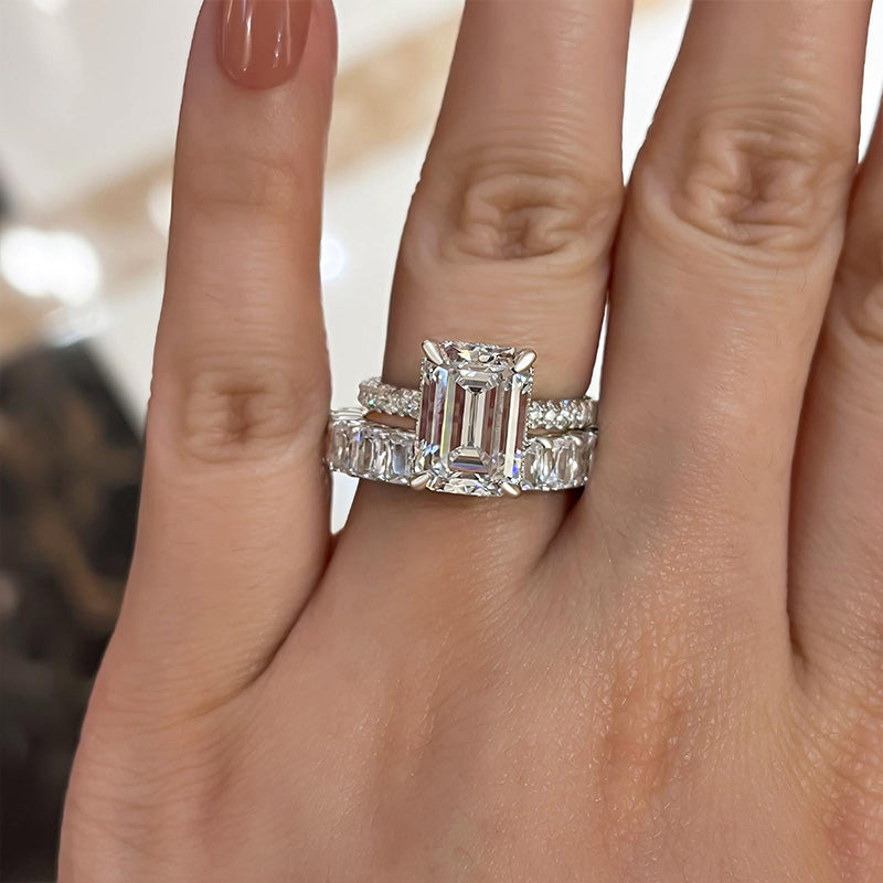 Gorgeous Emerald Cut Wedding Bridal Set In Sterling Silver