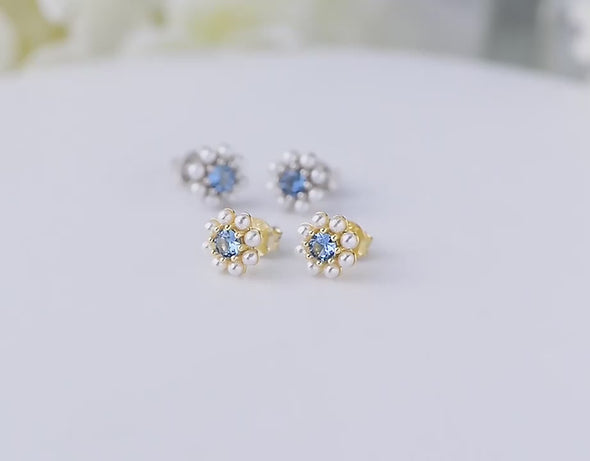 Blue Flower Design Pearls Stud Earrings
