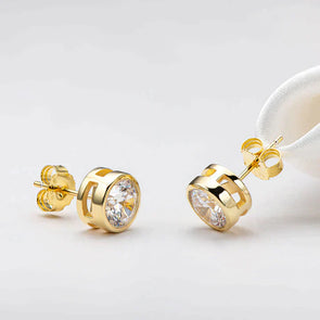 Round Cut Golden Tone Stud Earrings In Sterling Silver