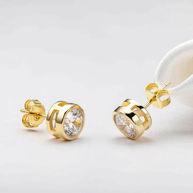 Round Cut Golden Tone Stud Earrings In Sterling Silver