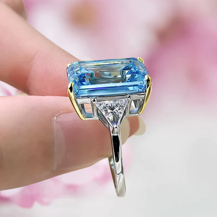 Emerald Cut Sky Blue Gemstone Three Stone Sterling Silver Engagement Ring