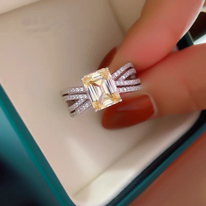 3 Carat Citrine Emerald Cut Rectangle Engagement Ring In Sterling Silver