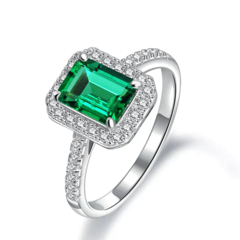 Emerald Green Halo Sterling Silver Engagement Ring