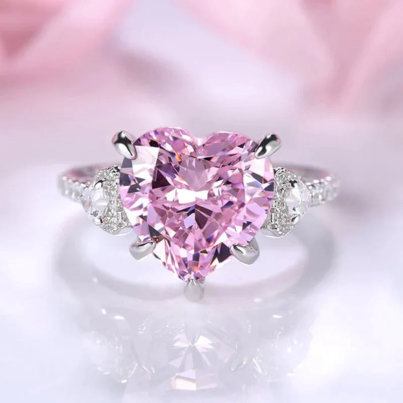 Romantic Pink Gemstone Heart Cut Sterling Silver Engagement Ring