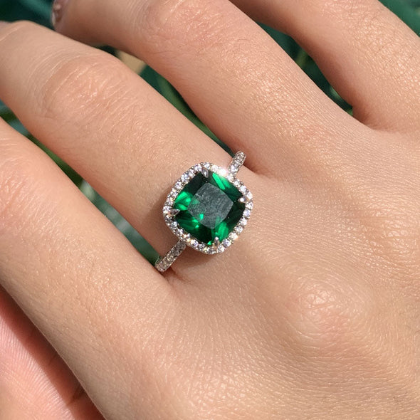 Halo Cushion Cut Emerald Green Sterling Silver Engagement Ring