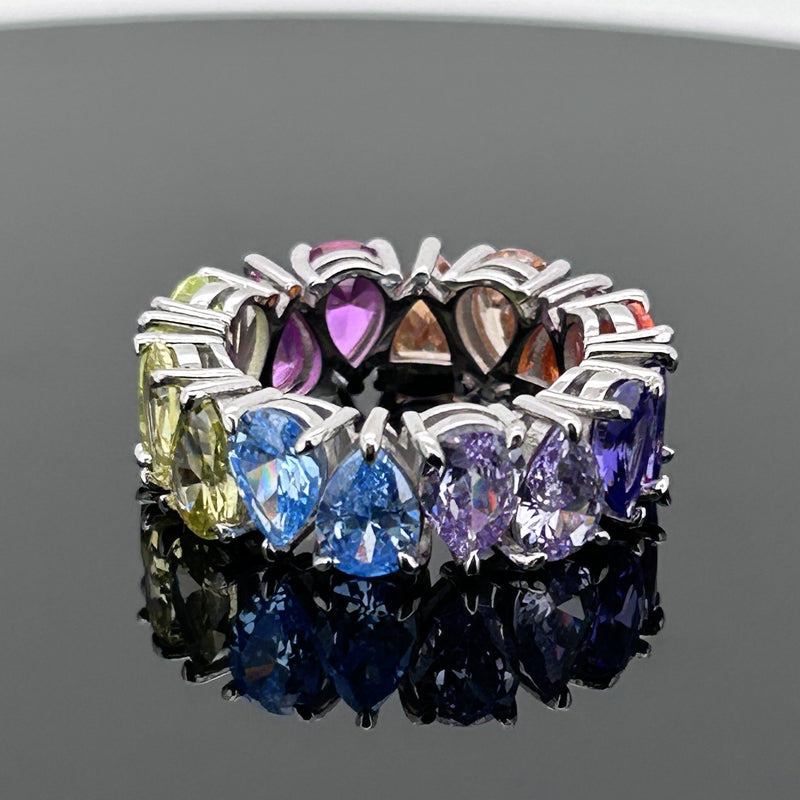 7.5ct Pear Cut Multi Color Rainbow Color Sterling Silver Eternity Ring