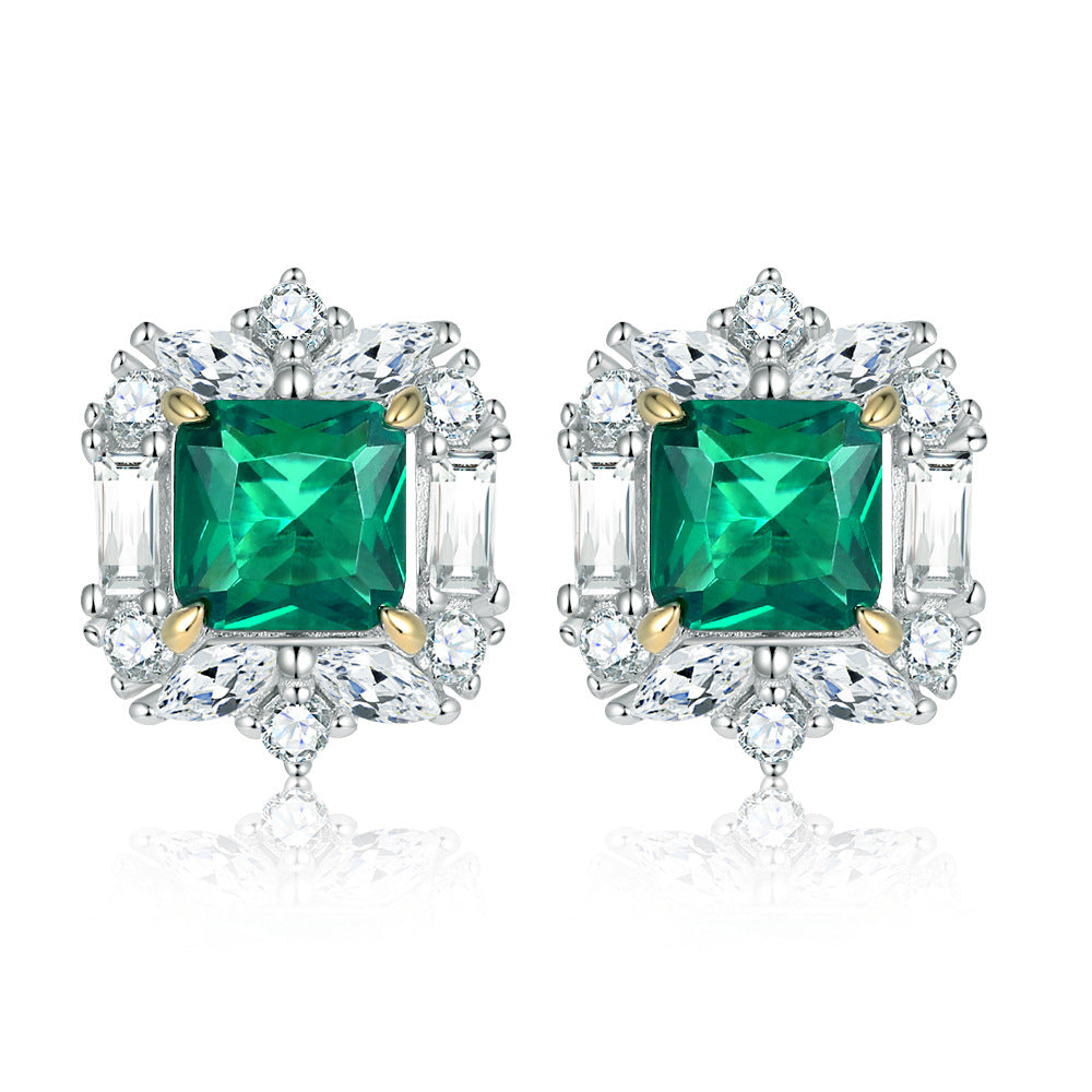 Vintage Princess Cut Emerald Engagement Ring/Radiant Cut Stud Earrings /Jewelry Set