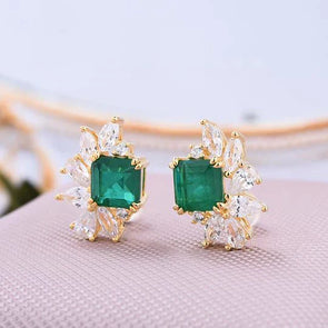 Flower Design Princess Cut Emerald Green Sterling Silver Stud Earrings