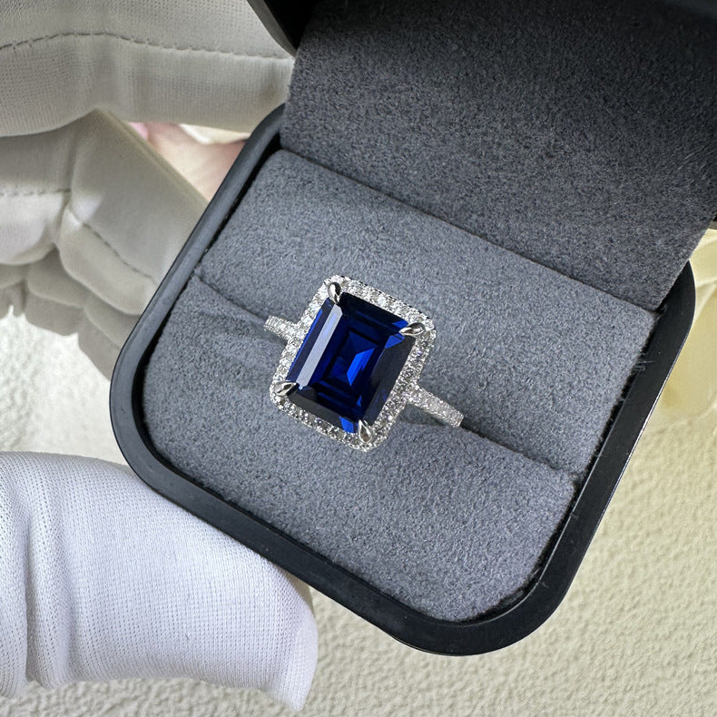 Multi-Color Halo Emerald Cut Engagement Ring In Sterling Silver