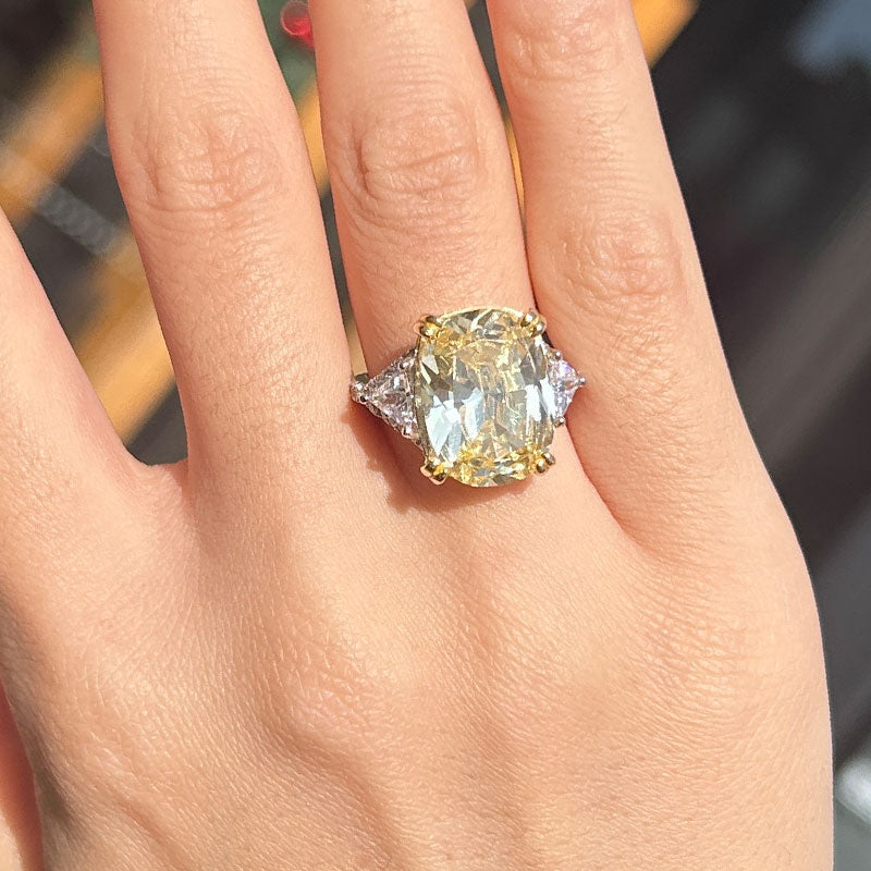 Vintage Yellow Cushion Cut Three Stone Sterling Silver Engagement Ring