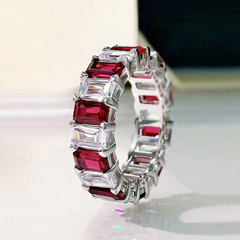 Multi-Colored Eternity Emerald Cut Sterling Silver Wedding Band