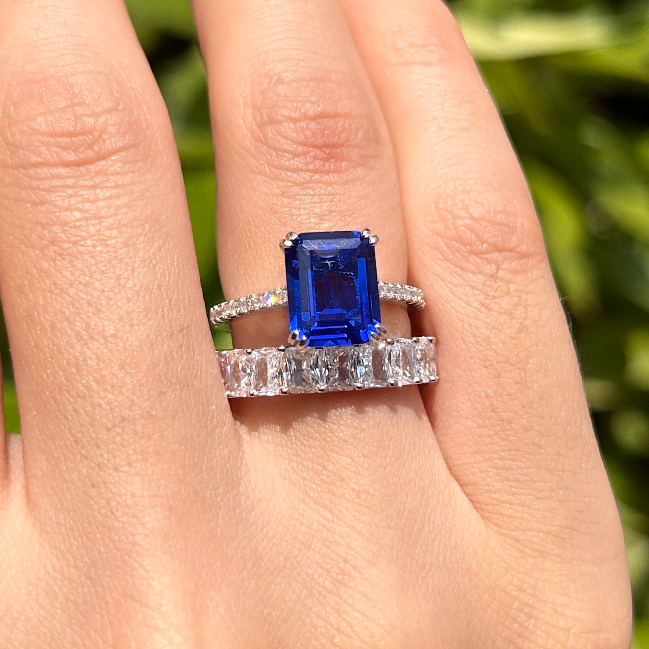 2 Pcs Blue Emerald Cut Bridal Set In Sterling Silver