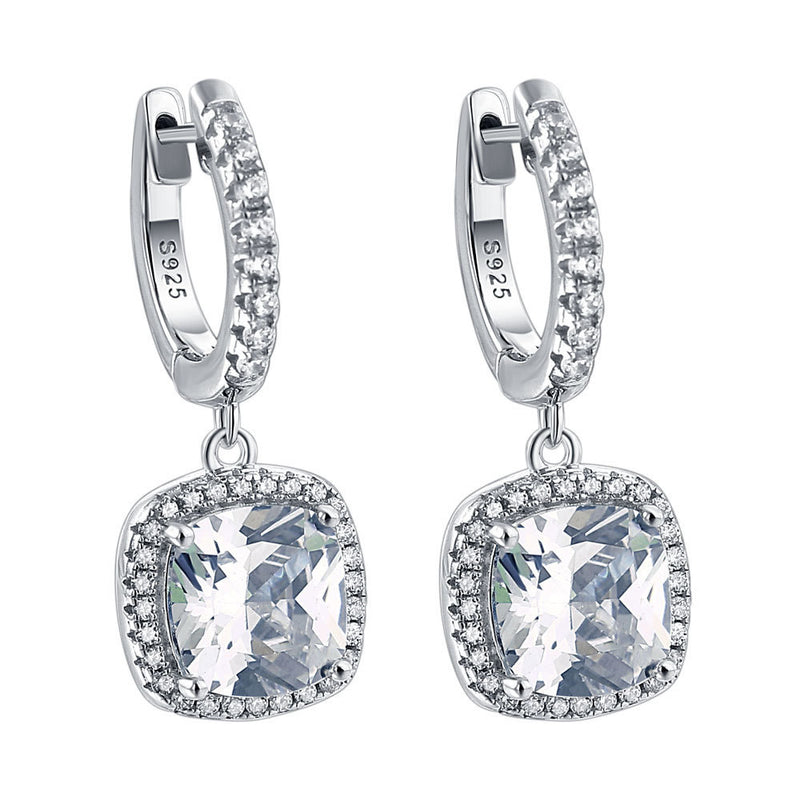 Birthstone Cushion Cut Halo Sterling Silver Drop Earrings