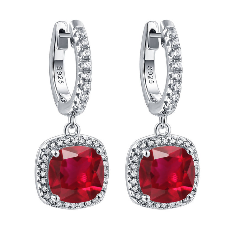 Birthstone Cushion Cut Halo Sterling Silver Drop Earrings