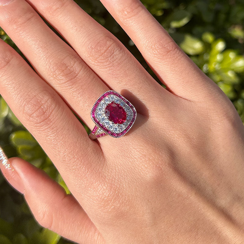 Vintage Ruby Halo Oval Cut Sterling Silver Engagement Ring