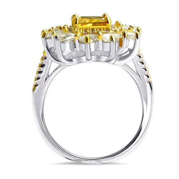 Halo Radiant Cut Yellow Tone Cluster Engagement Ring