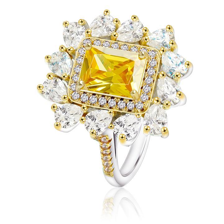 Halo Radiant Cut Yellow Tone Cluster Engagement Ring