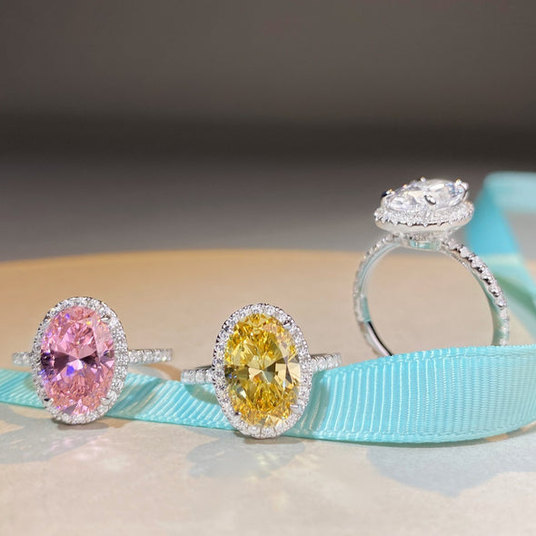 Fancy Yellow Halo Oval Cut Sterling Silver Engagement Ring