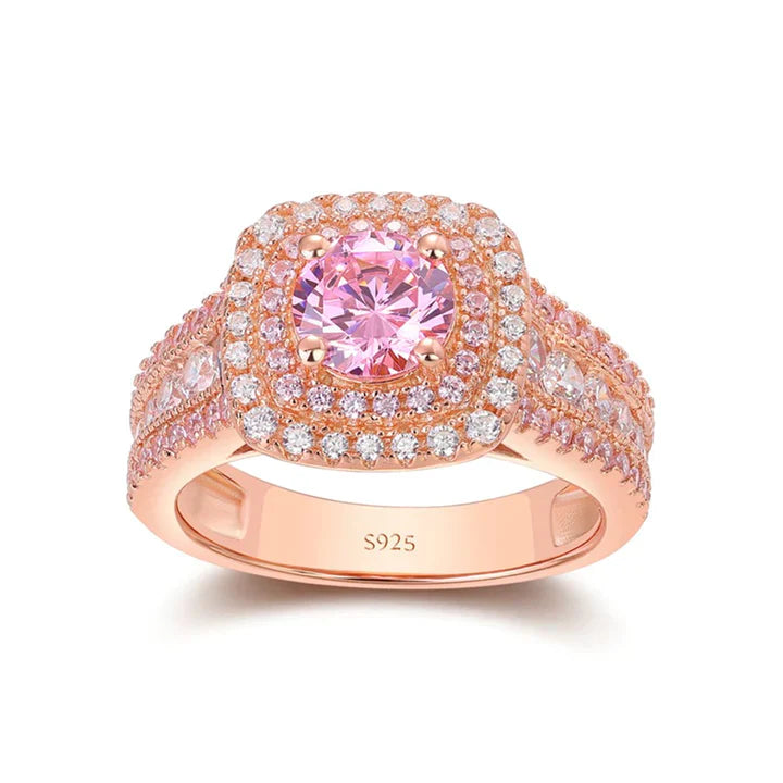 Rose Golden Tone Pink Round Cut Double Halo Engagement Ring