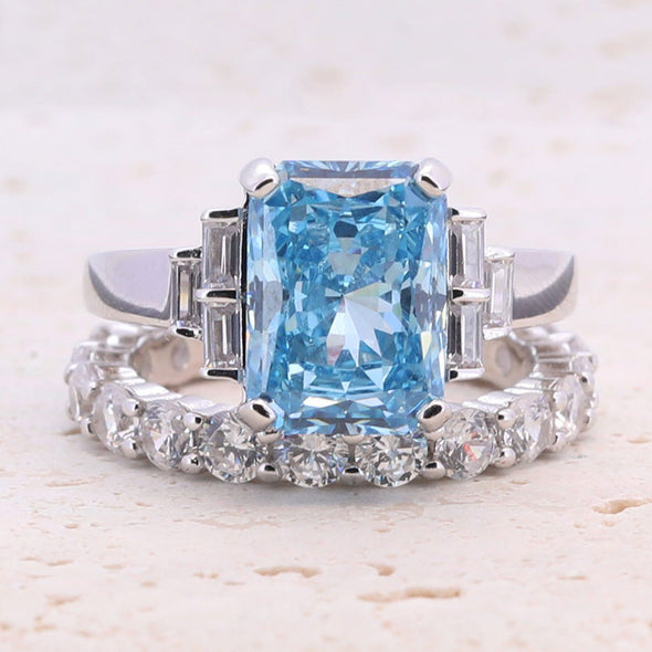 4.0CT. Radiant Cut Blue Gemstone Engagement Ring Set