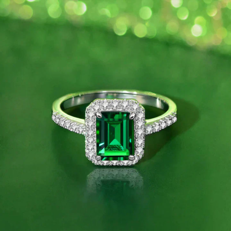 Emerald Green Halo Sterling Silver Engagement Ring