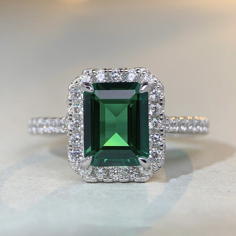 Emerald Green Halo Sterling Silver Engagement Ring