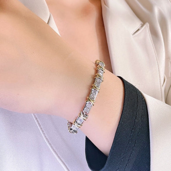 Two Tone X Round Cut Bracelet in Sterling Silver