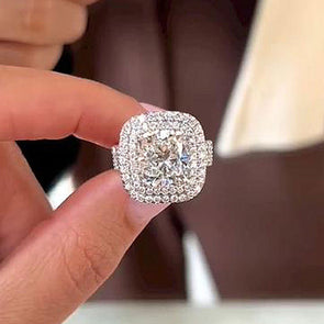 Stunning Double Halo Three Shank Cushion Cut Sterling Silver Engagement Ring