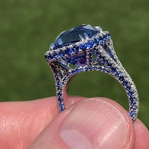 Retro Sapphire Blue Cushion Cut Halo Sterling Silver Engagement Ring