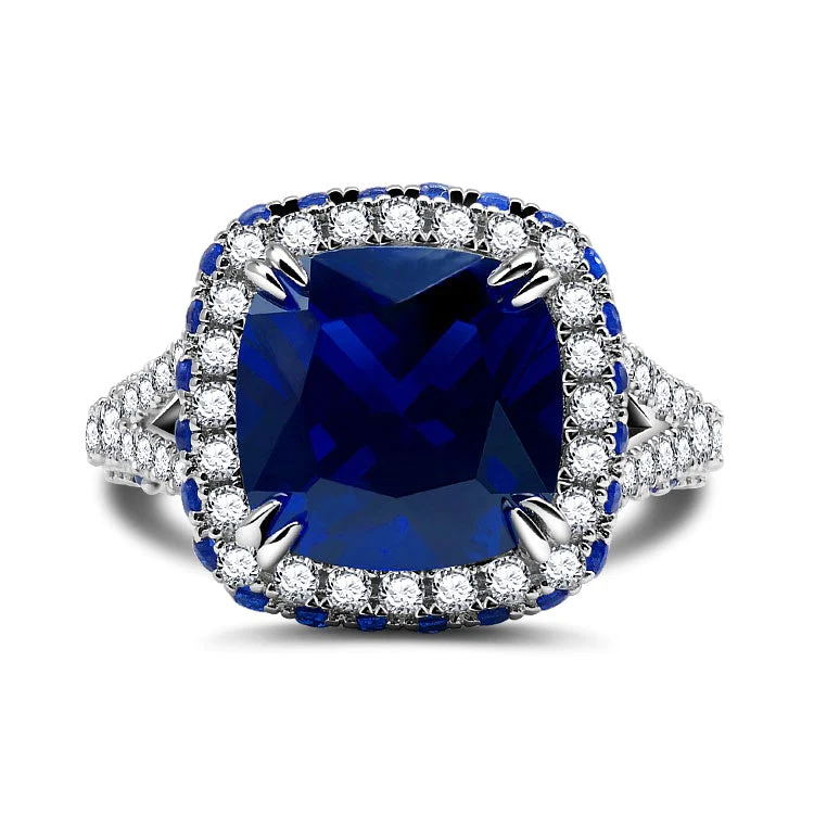 Retro Sapphire Blue Cushion Cut Halo Sterling Silver Engagement Ring