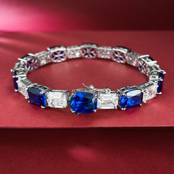 luxurious Emerald Cut& Elongated Cushion Cut Royal Blue Tennis Bracelet