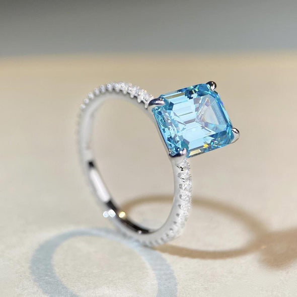 Aquamarine Emerald Cut Engagement Ring in Sterling Silver