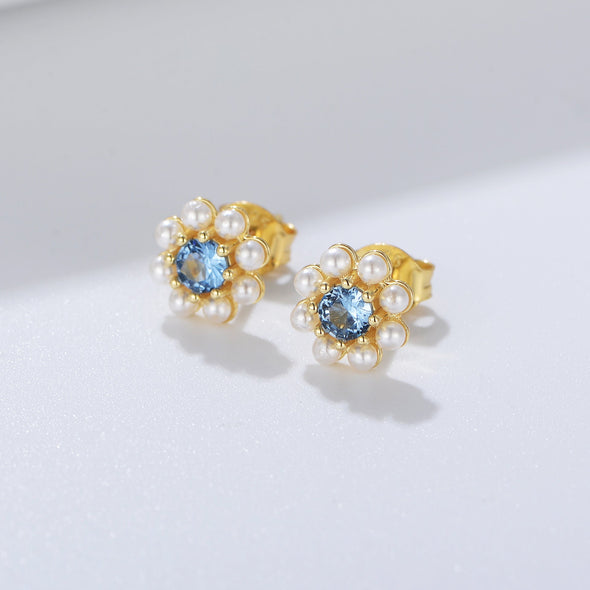 Blue Flower Design Pearls Stud Earrings