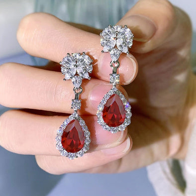 Flower Design Ruby Stone Sterling Silver Drop Earrings