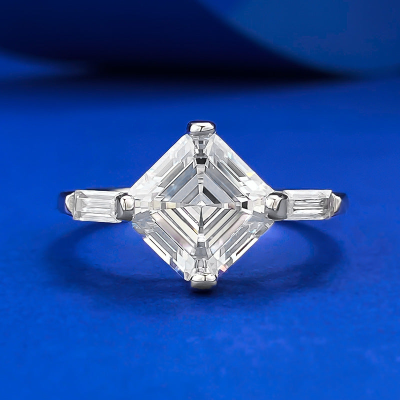 Asscher Cut Solitaire Engagement Ring in Sterling Silver