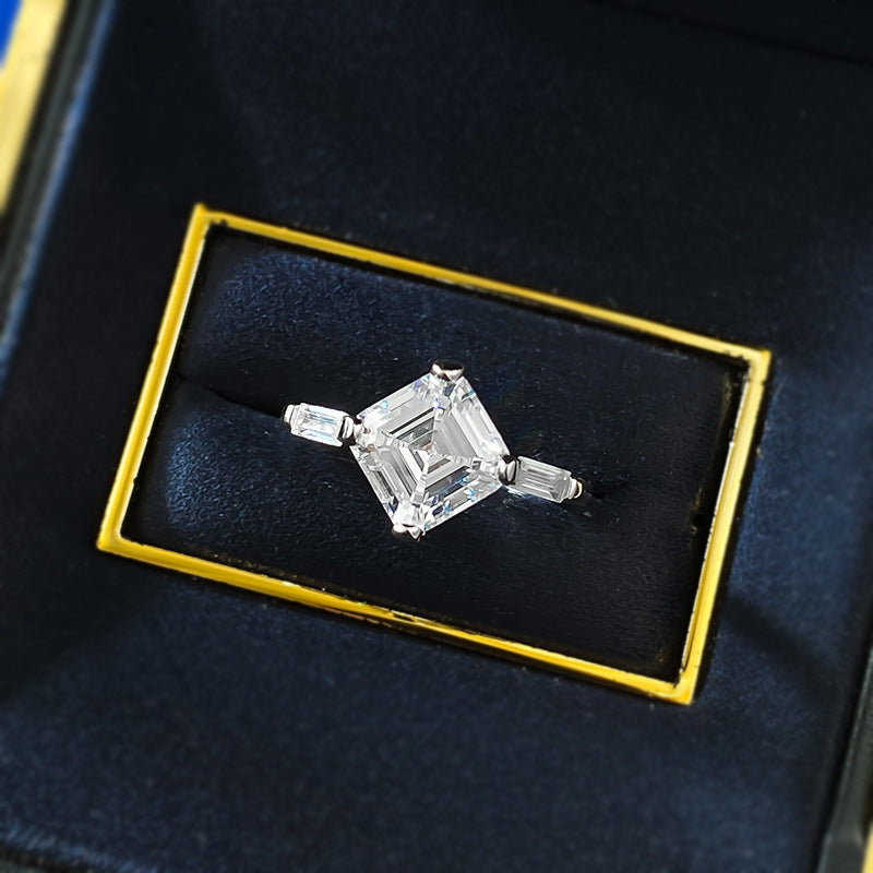 Asscher Cut Solitaire Engagement Ring in Sterling Silver