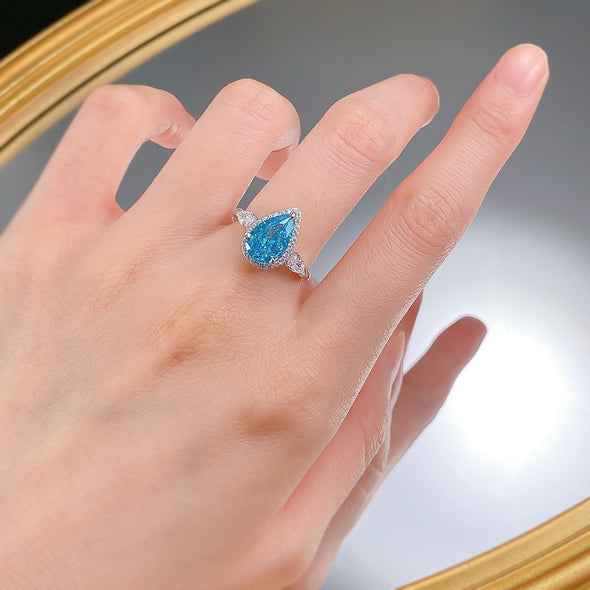 Aquamarine Stone Sterling Silver Engagement Solitaire Ring With Trilliant Shoulders