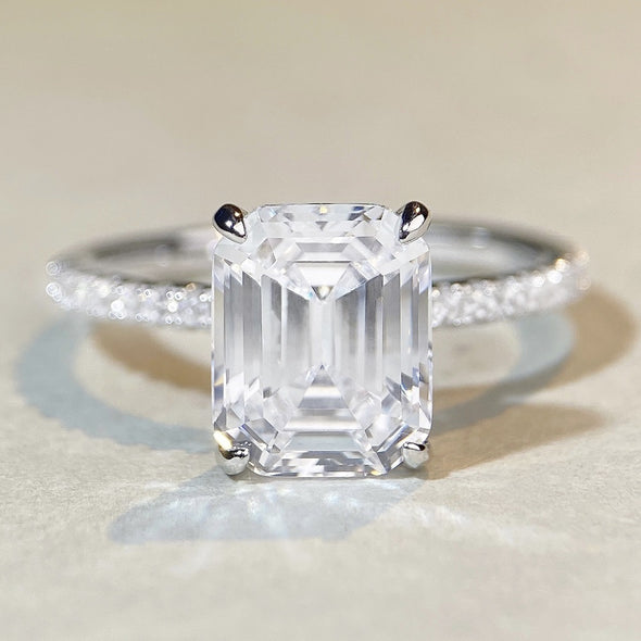 Classic Emerald Cut Engagement Ring in Sterling Silver