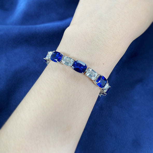 luxurious Emerald Cut& Elongated Cushion Cut Royal Blue Tennis Bracelet