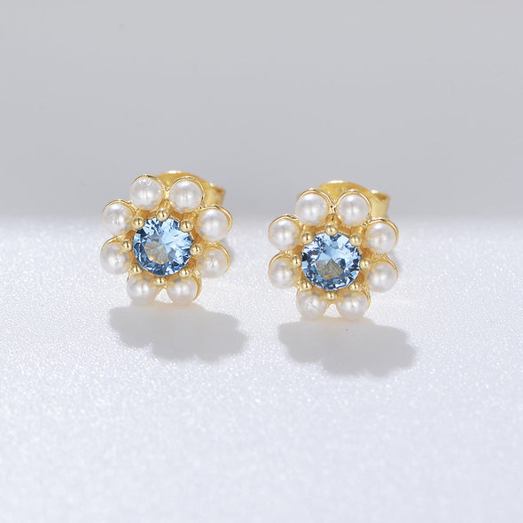 Blue Flower Design Pearls Stud Earrings