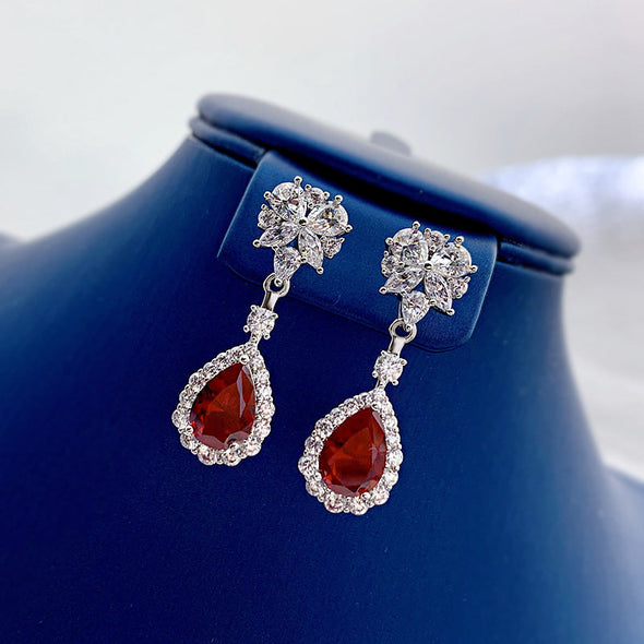 Flower Design Ruby Stone Sterling Silver Drop Earrings