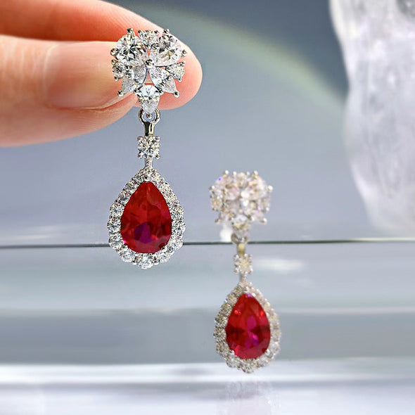 Flower Design Ruby Stone Sterling Silver Drop Earrings